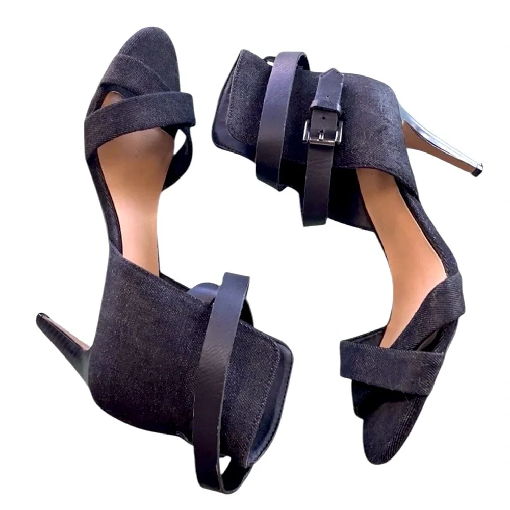 Joe's Jeans Marcy Black Denim Sandals Wrap Ankle Strap Closed Back Size 6.5